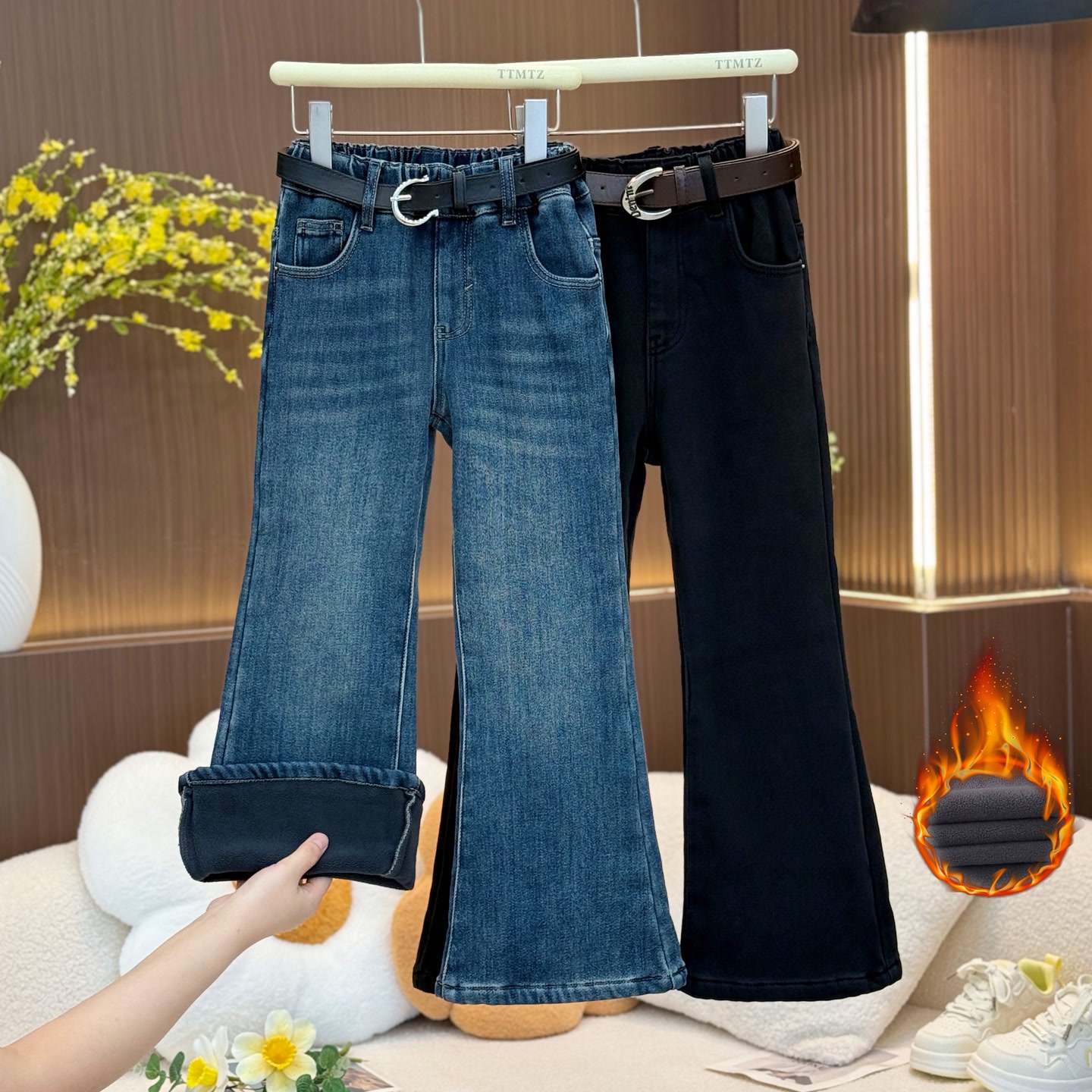 【实体品质.加绒弹力】女童牛仔裤中大童加厚保暖裤高腰喇叭裤2889