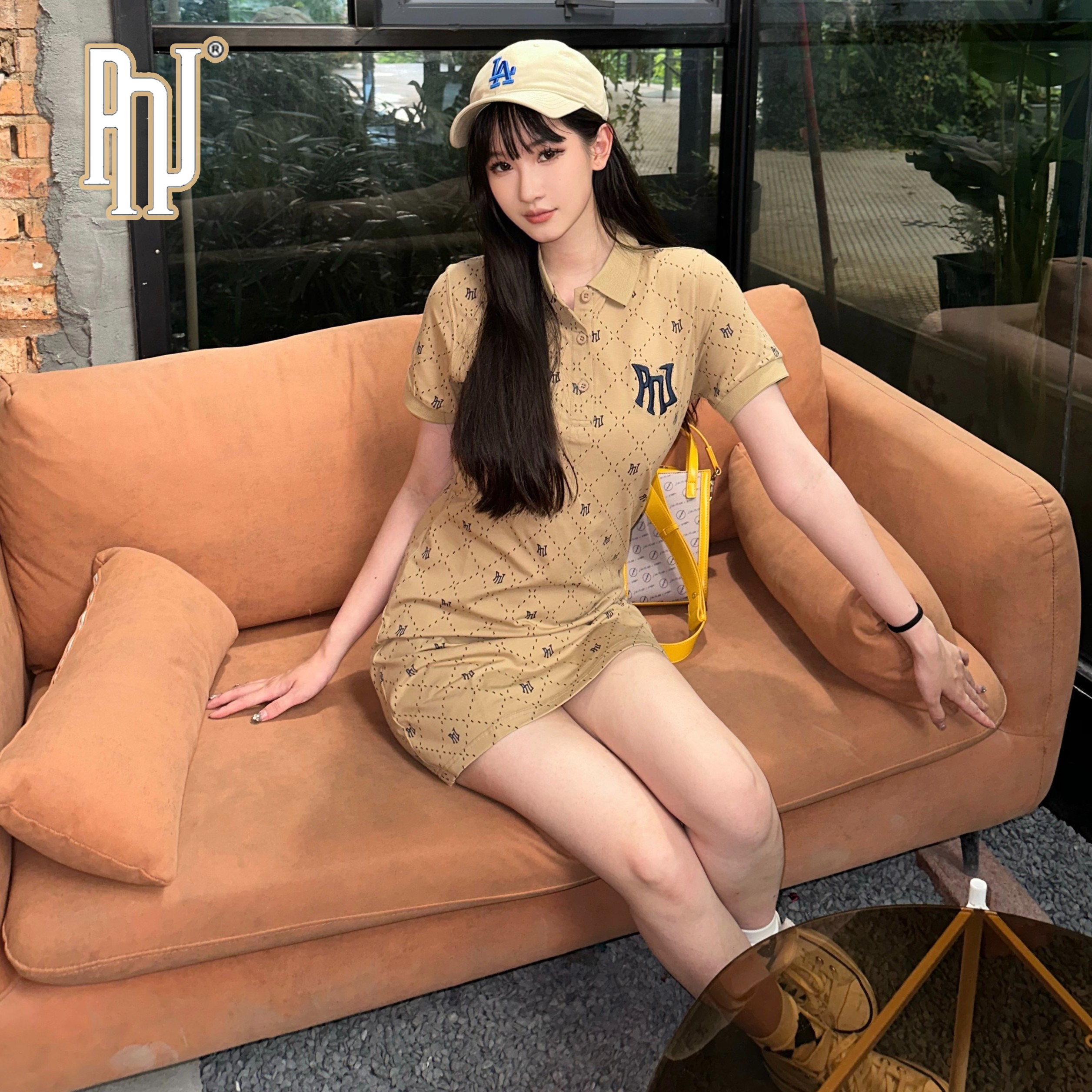 PNJ时尚夏季POLO连衣裙显瘦气质印花连衣裙女士满印翻领修身提花