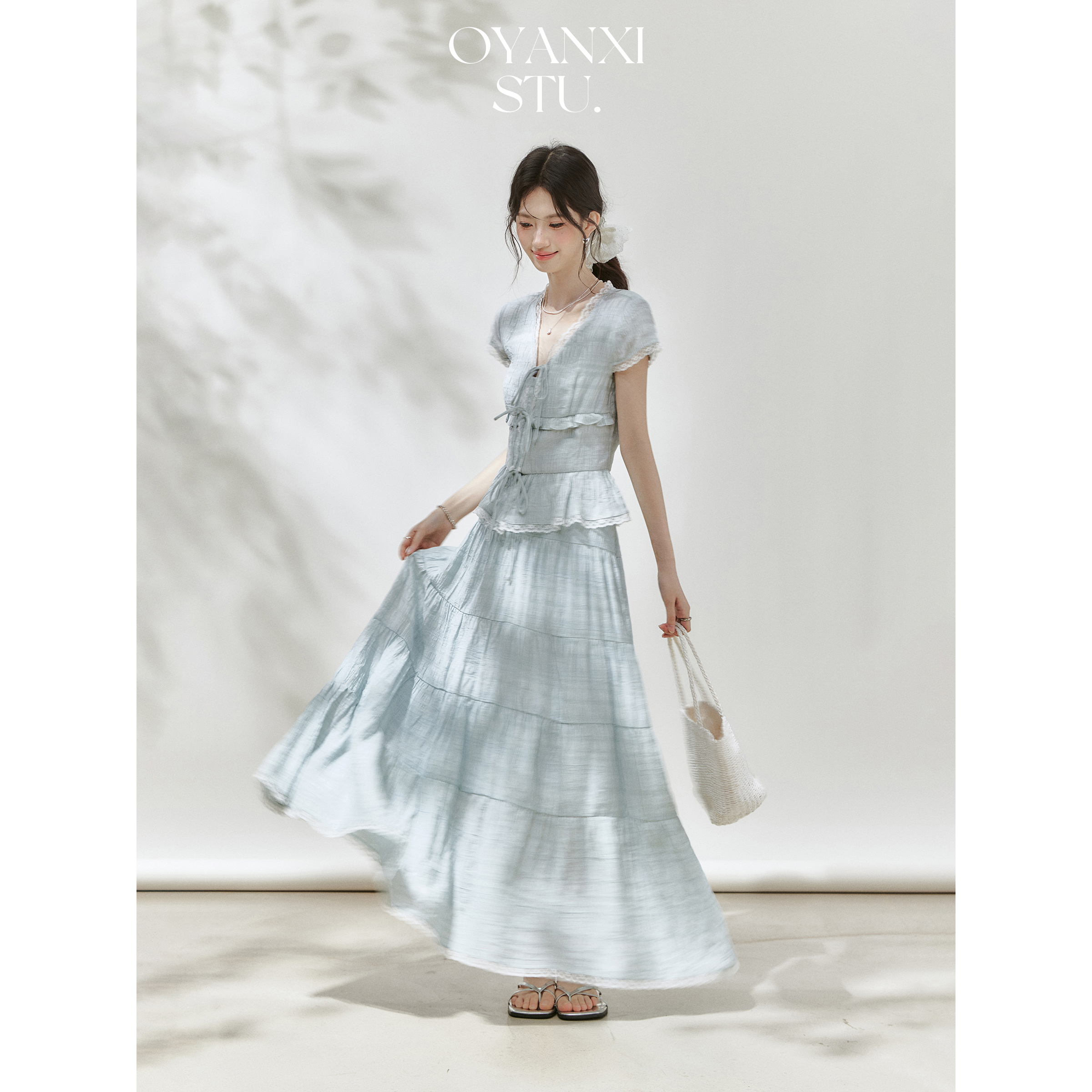 【清清】欧阳喜《栀子清欢》夏季V领泡泡袖木耳边小衫松高腰半身裙套