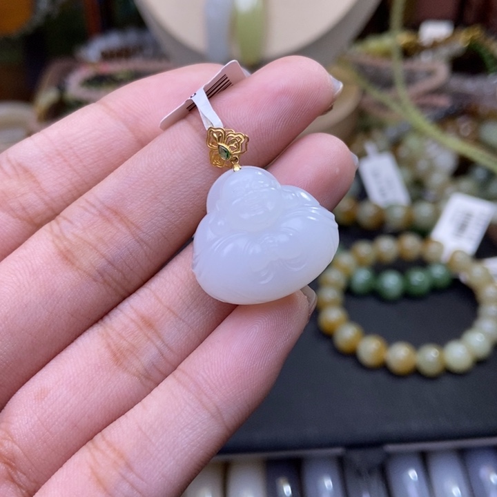 和田玉未镶嵌颈饰白玉金镶宝宝佛