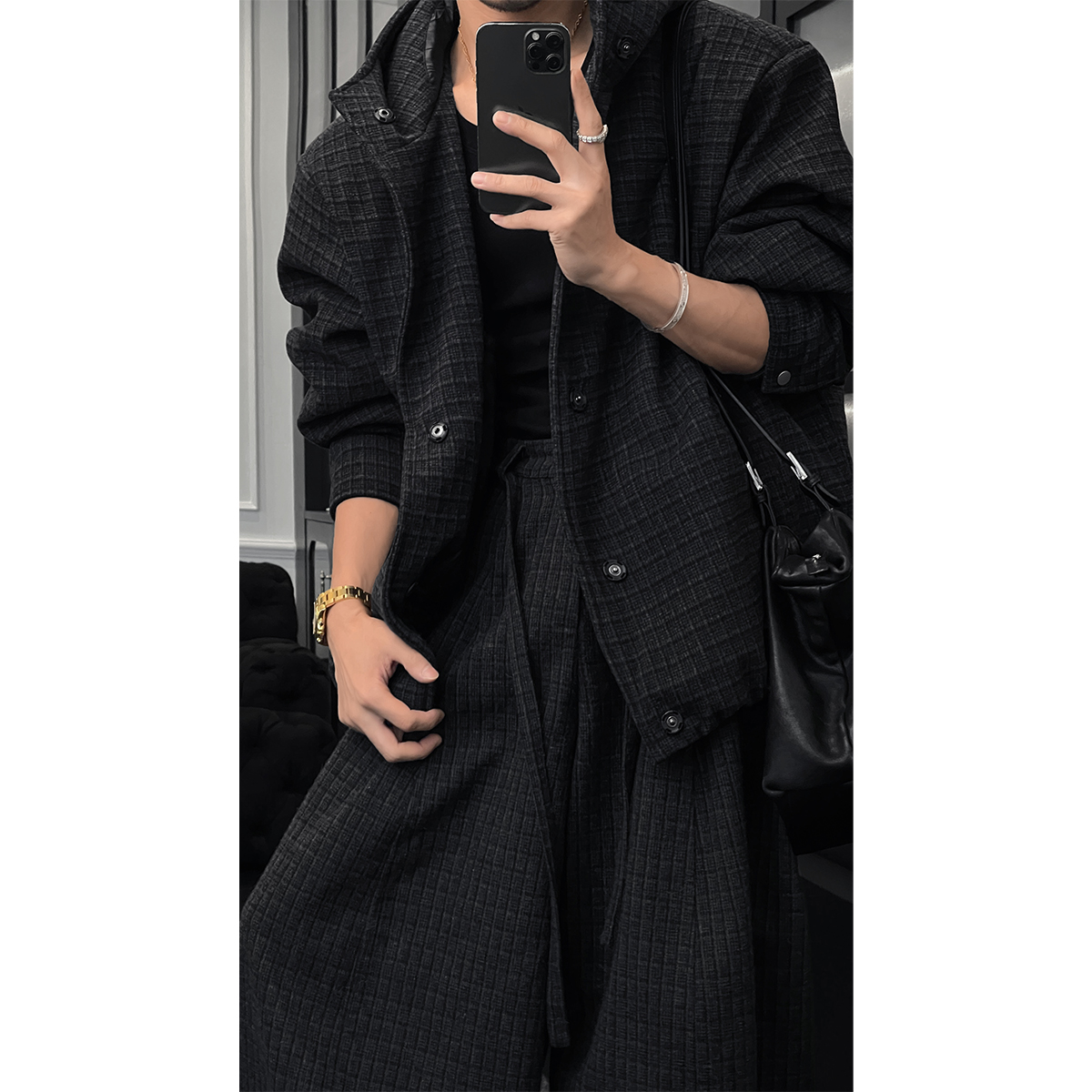 龙叨叨秋冬新款潮流复古高级感格子白鸭绒百搭保暖连帽羽绒服外套