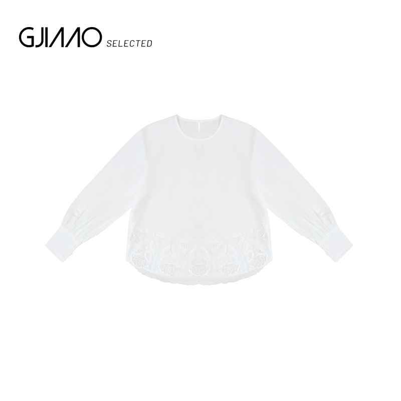 6593 圆领镂空袖口捏褶白色衬衣