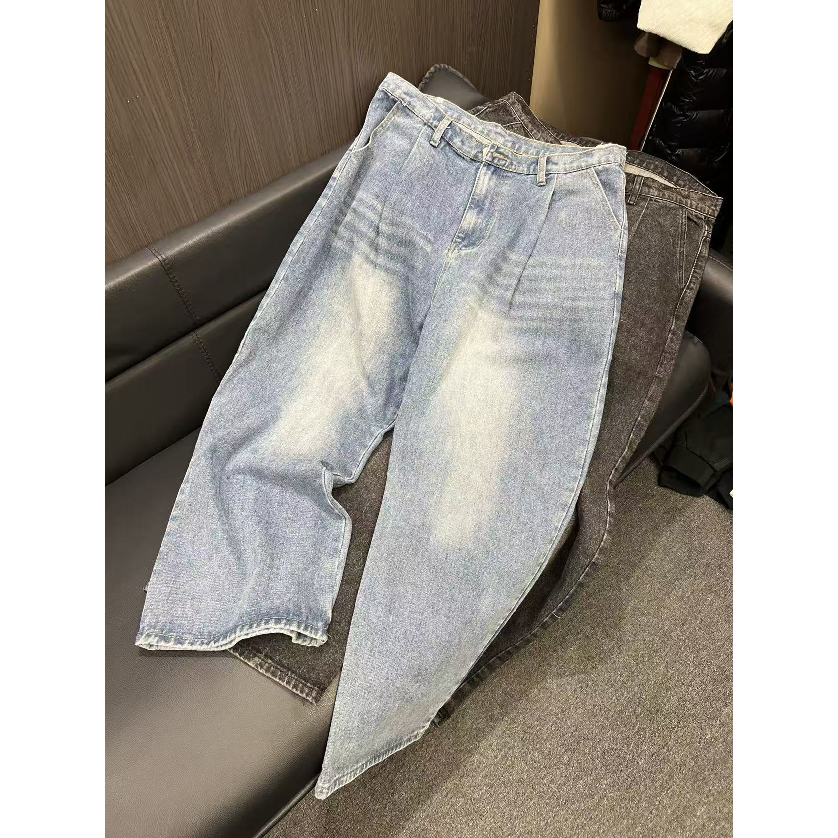 32606-男做旧手工牛仔裤拉链水洗阔腿裤-偏大一个码，往小一个码拍