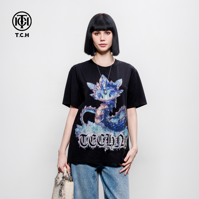 TCH 潮牌卡通烫钻休闲百搭时尚圆领短袖T恤男女同款2025春夏新款