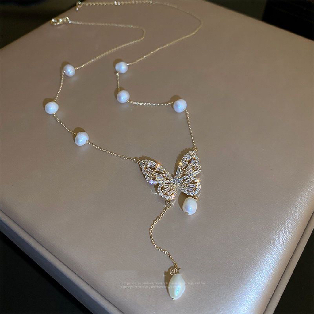 非金属仿珍珠项链 吊坠项链法式轻奢蝴蝶珍珠锁骨链个性百搭颈链