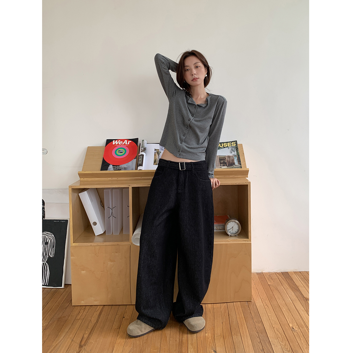SIXI四喜家 旧日漫步 做旧廓形直筒牛仔裤女柔软有型腰带阔腿长裤