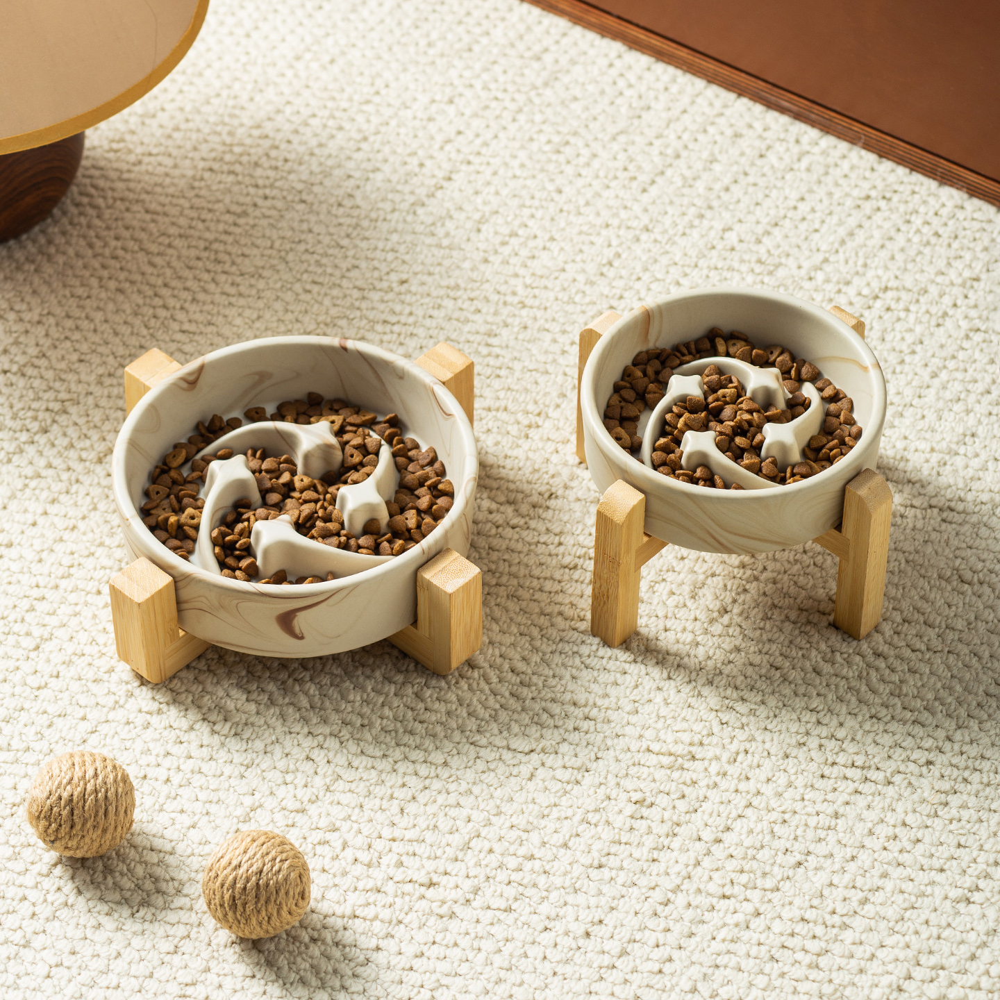 大理石纹流星慢食碗带竹架家用陶瓷宠物碗防打翻猫狗碗防噎缓食盆