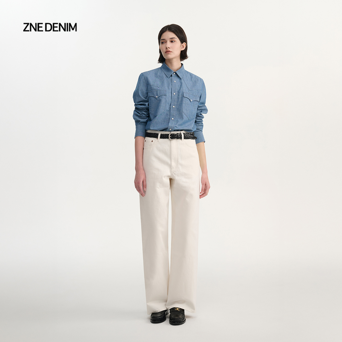 ZNE jeans写意法式匹马棉白色直筒牛仔裤TCP7781E