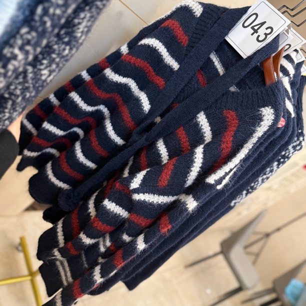 蓝色条纹毛衣情侣不褪色单件女开衫圆领套头5120