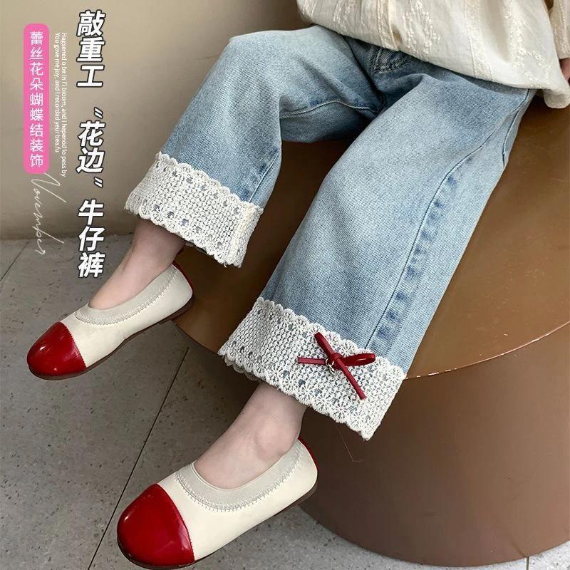 韩韩良品中大童红色蝴蝶结牛仔裤2025秋季拼接花边直筒裤YNZK1164