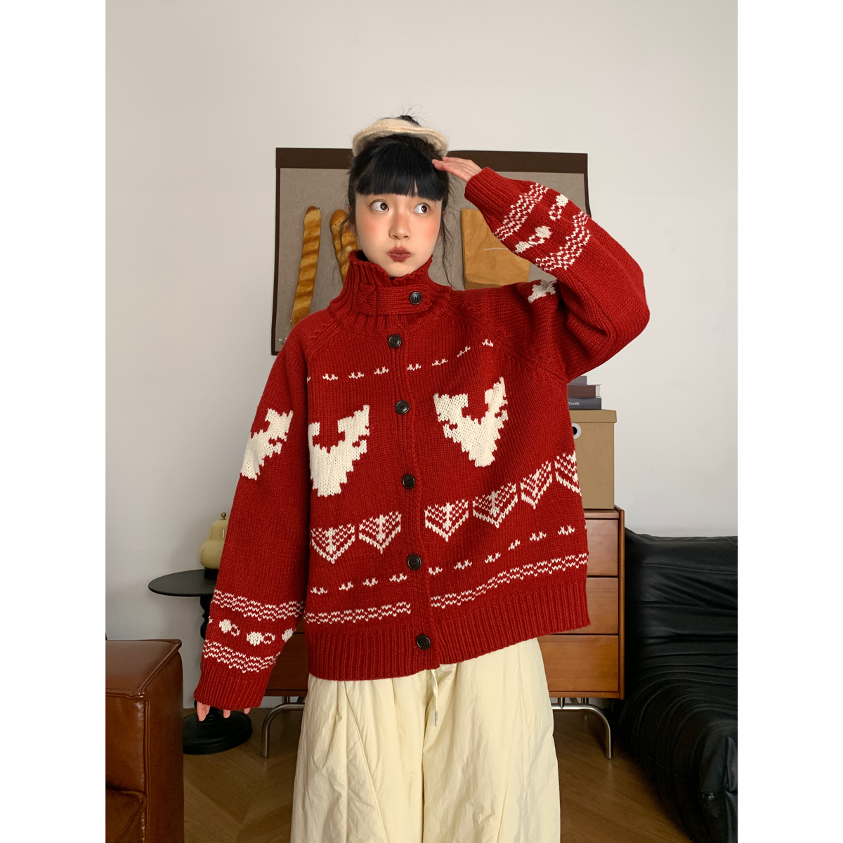 韩系费尔岛加厚高领毛衣女秋冬宽松外穿复古北欧风针织开衫外套