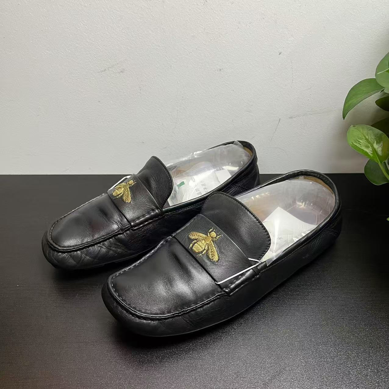 95新 GUCCI/古驰 39欧码刺绣蜜蜂豆豆鞋乐福一脚蹬板鞋