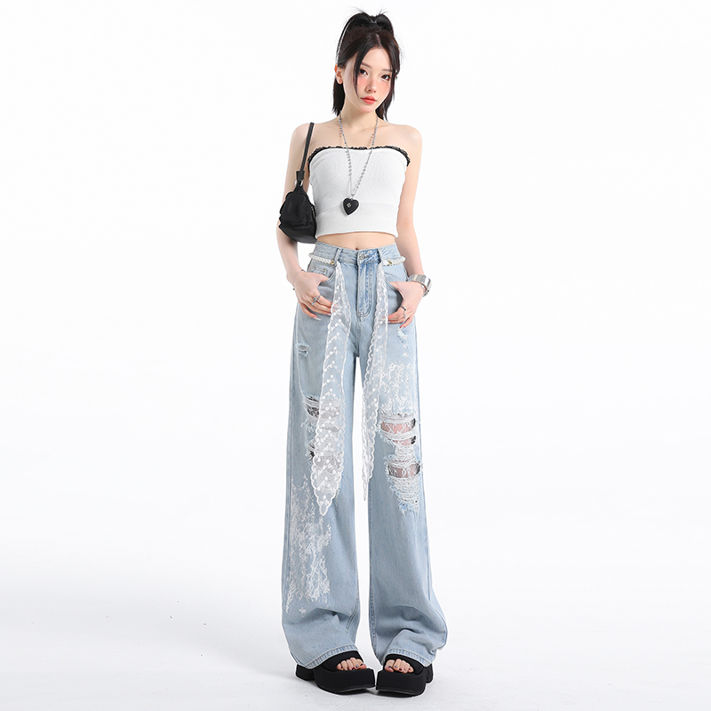 破洞牛仔裤女2025夏季新款时尚潮流宽松显瘦阔腿直筒裤子女款