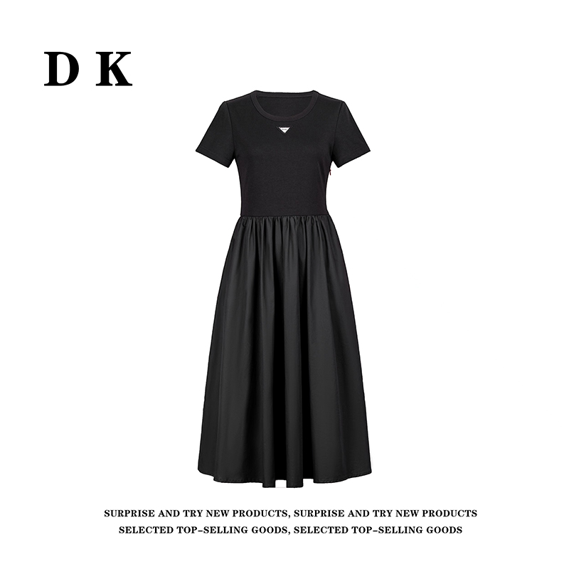 DK 2025夏季 女装设计感气质拼接修身圆领短袖连衣裙 69026