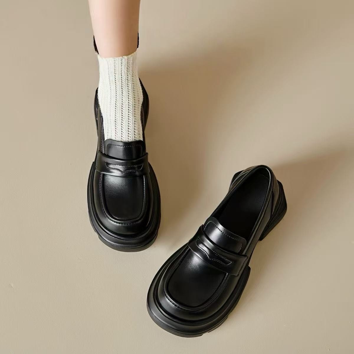 TT乐福鞋一脚蹬2025新款包头增高网红圆头百搭厚底女英伦风jk鞋A