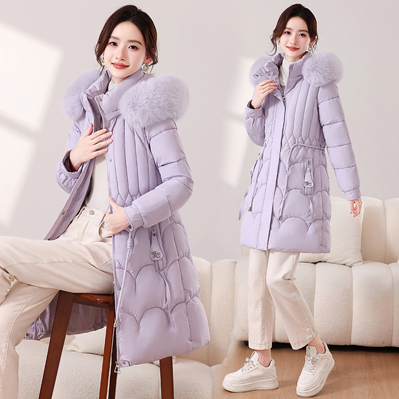 显瘦中长款大毛领保暖棉服修身冬季女款拼色棉衣