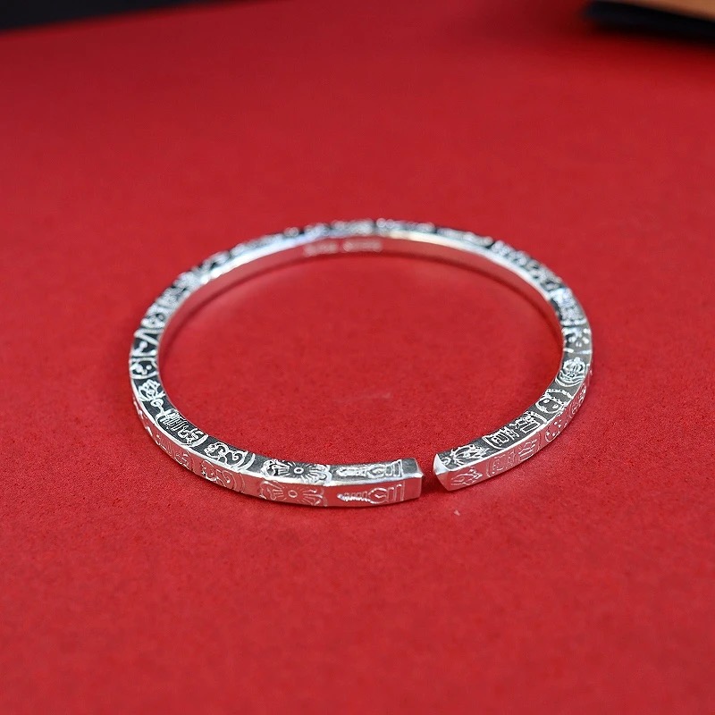 足银手镯 【艾比银】足银999时尚素款手工锤打吉言小方镯