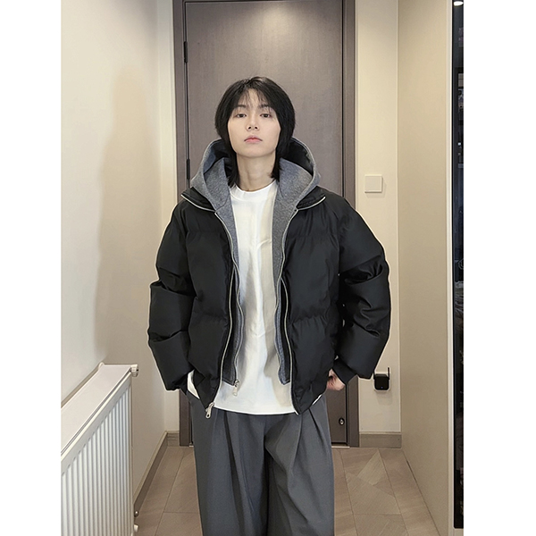 PU皮假两件连帽爆款棉衣男保暖短款拼接加绒加厚情侣棉服面包服