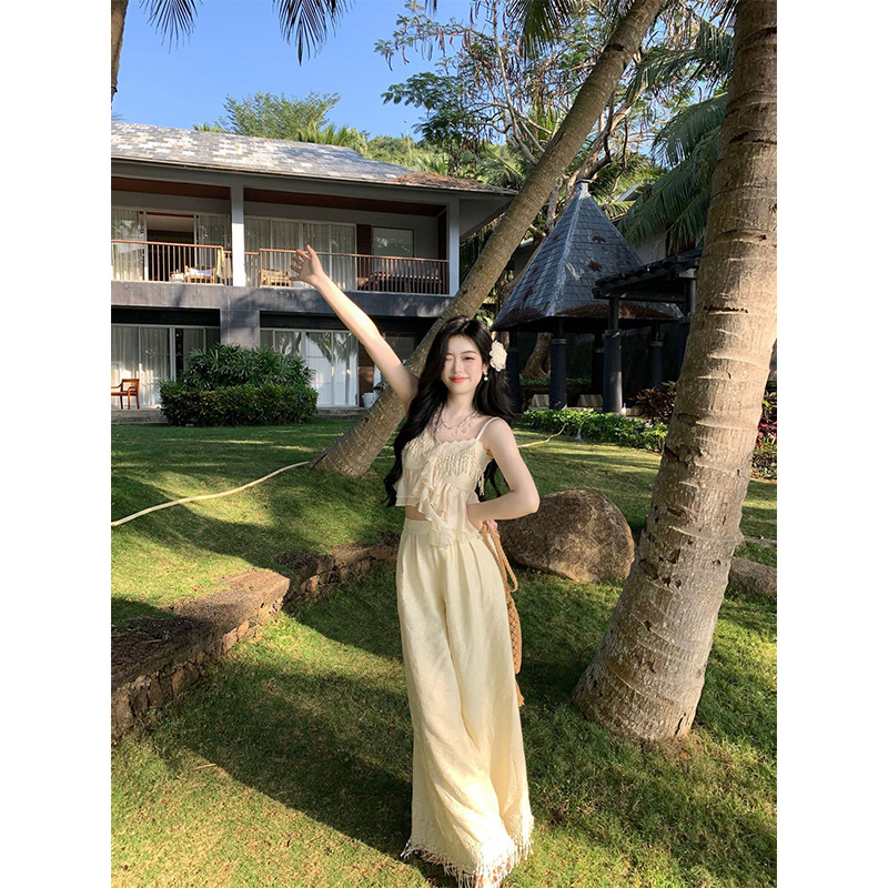 落花惊雨 V领褶皱不规则纱上衣气质阔腿裤防晒开衫设计感三件套装