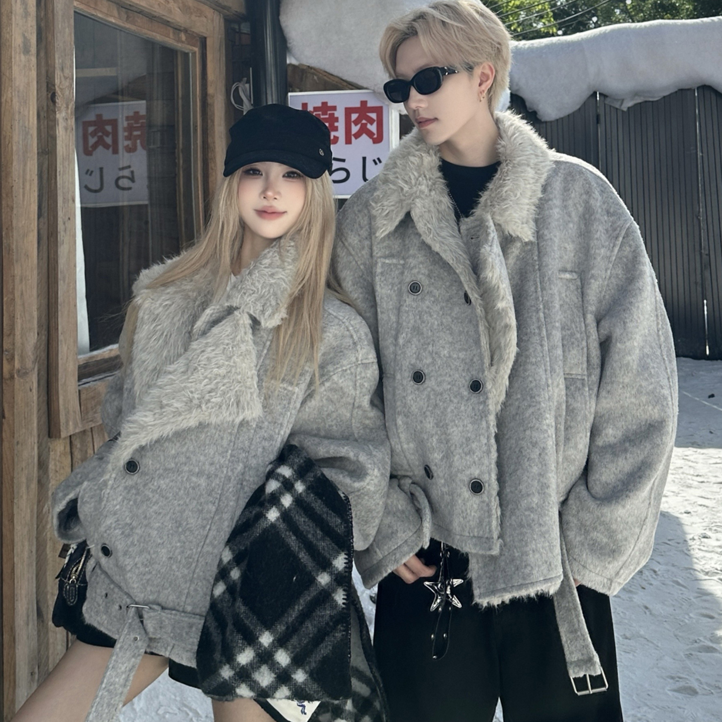 小香风座山雕毛呢翻领夹克棉服秋冬美式复古宽松保暖加厚情侣棉衣