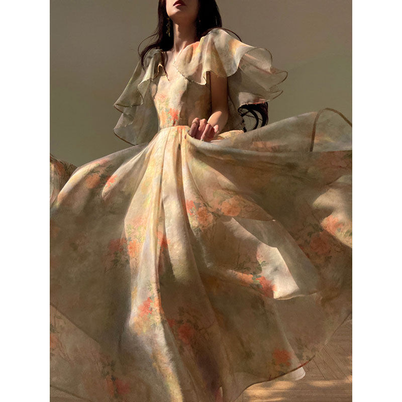 Aconiconi｜浅浅清茉 法式度假宫廷风印花连衣裙修身大摆量长裙