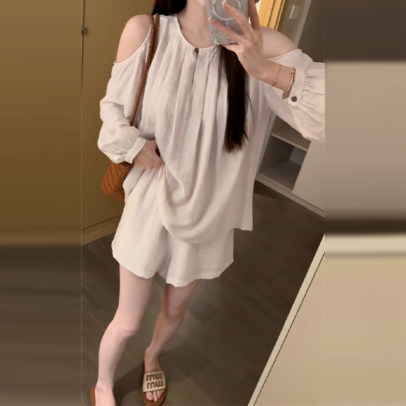 3768韩系薄款露肩套装女夏季2025新款慵懒休闲长袖短裤两件套
