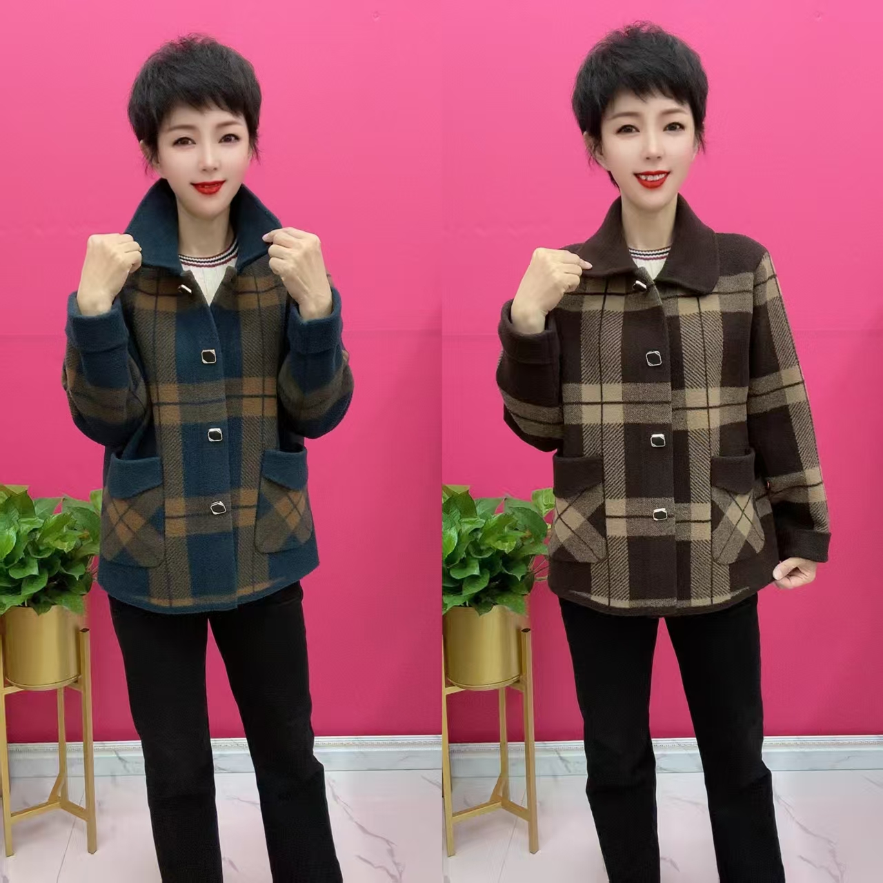 秋款方领时尚格子方扣外套