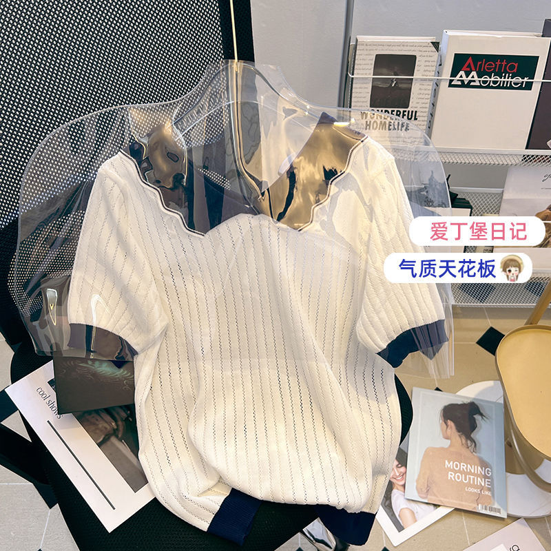 翻领冰丝短袖女撞色t恤2023春夏季新款镂空半袖针织衫娃娃领上衣