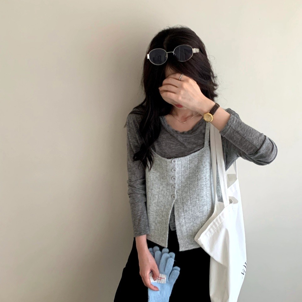 韩系短款小个子单排扣无袖针织吊带背心女早秋显瘦叠穿外搭上衣潮