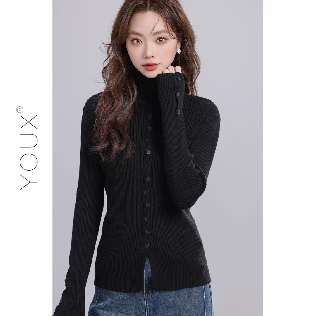 秋季针织休闲风翻领磨毛毛针织衫冬季适中修身型