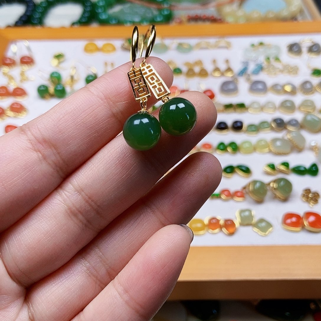 和田玉耳饰银S925镶嵌