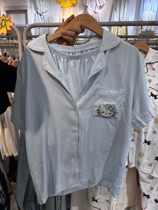 可爱ins凯蒂猫睡衣女夏季短袖纯棉宽松翻领开衫家居服