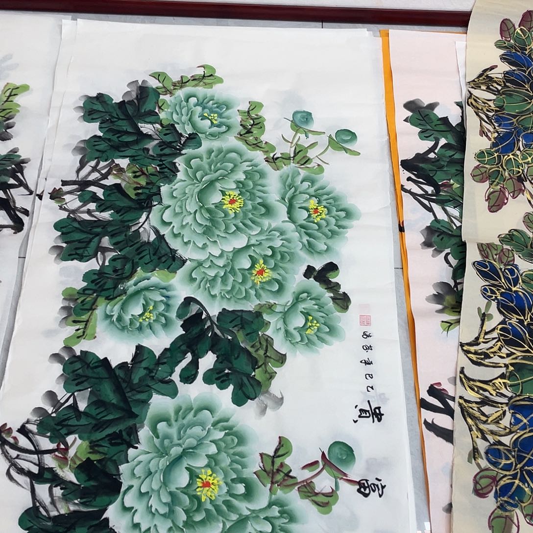 国画国画作品原稿四尺横幅翡翠牡丹