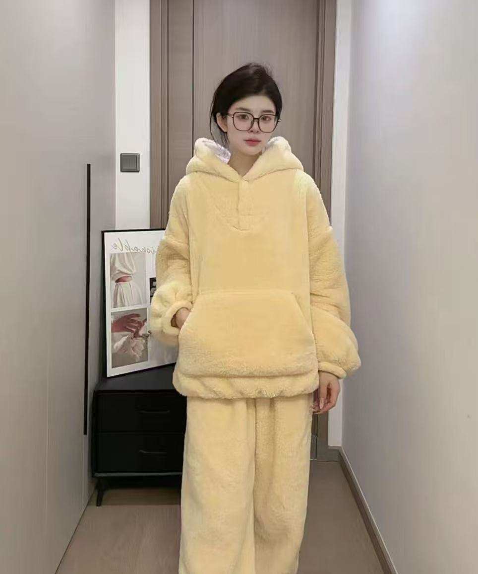 睡衣女款冬季巨厚保暖珊瑚绒锁温套装可外穿大码家居服宽松连帽