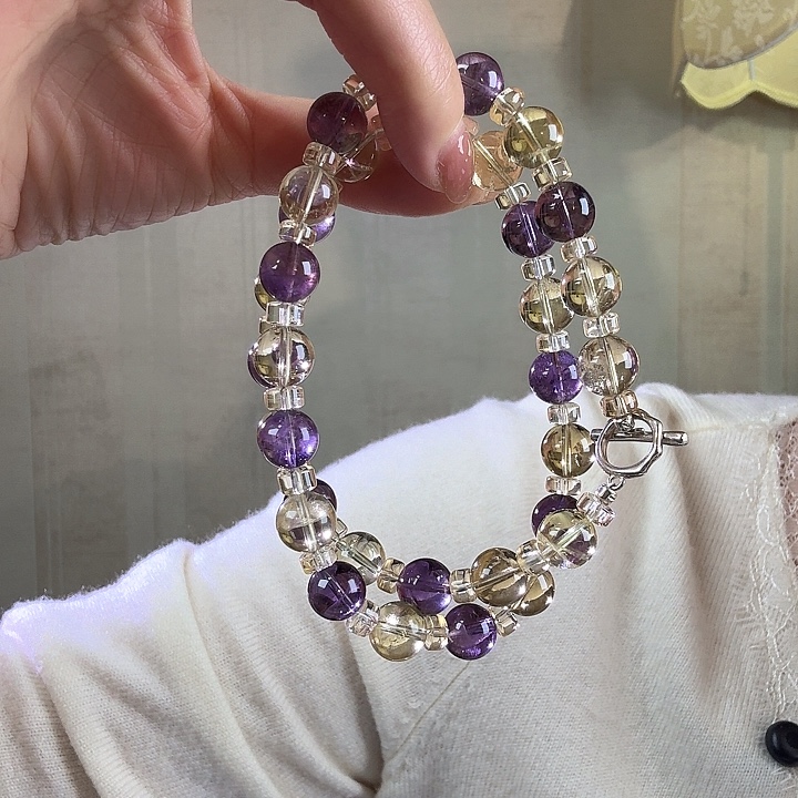 银S925镶嵌颈饰水晶天然黄水+紫水晶项链