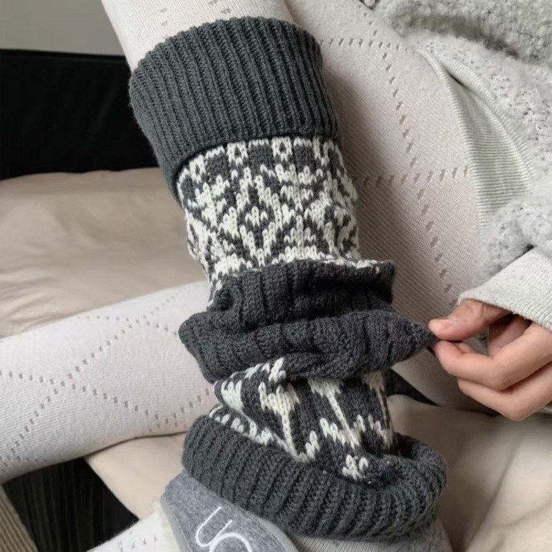 费尔岛袜套女秋冬粗线森系堆堆袜保暖加厚复古灰色菱形小腿袜腿套