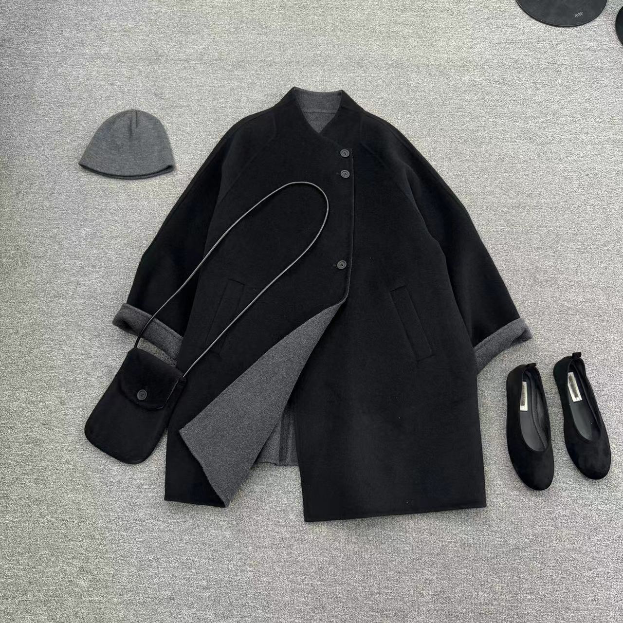 瑶睿安240斤小众设计套头老钱风大衣外套中长款圆领双面绒大衣613