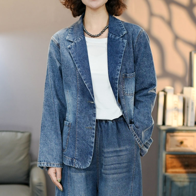 九8803蓝色女士牛仔外套西装2025春季新潮流时尚百搭上衣宽松大码