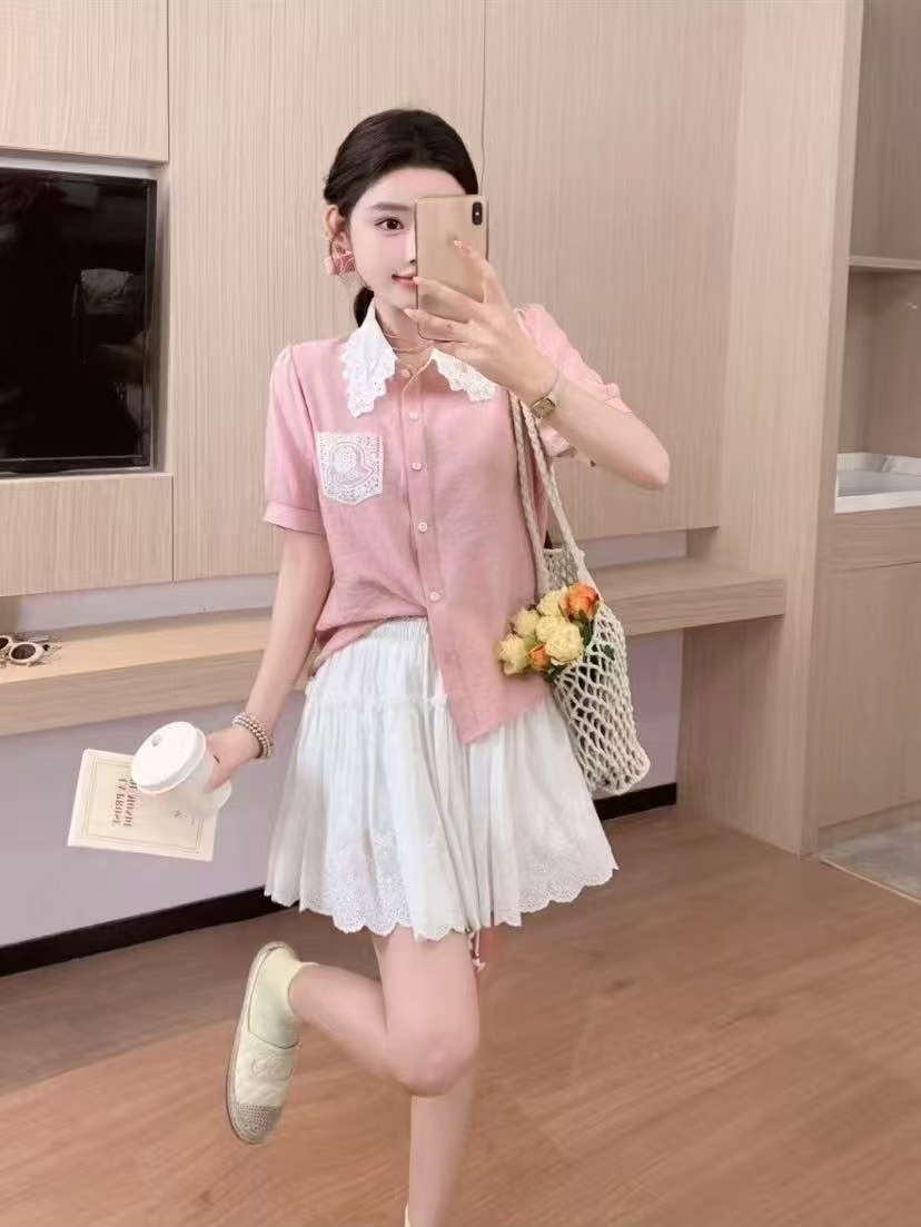 2512【衣长55】蕾丝花边短袖开衫衬衣女2025夏季新款时尚洋气减龄