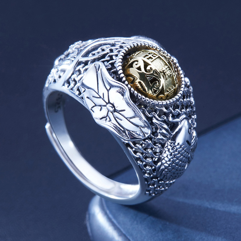 925银戒指 时尚复古个性实心民族风做旧银制品金玉满堂戒指男士