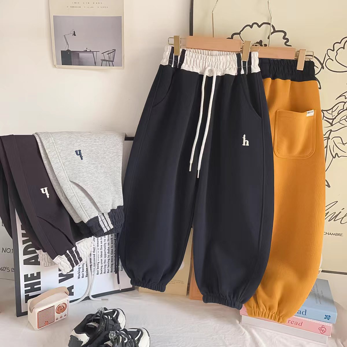 【宽松有型】加绒秋冬男女童休闲宽松运动弯刀裤LenKid—腰拉条