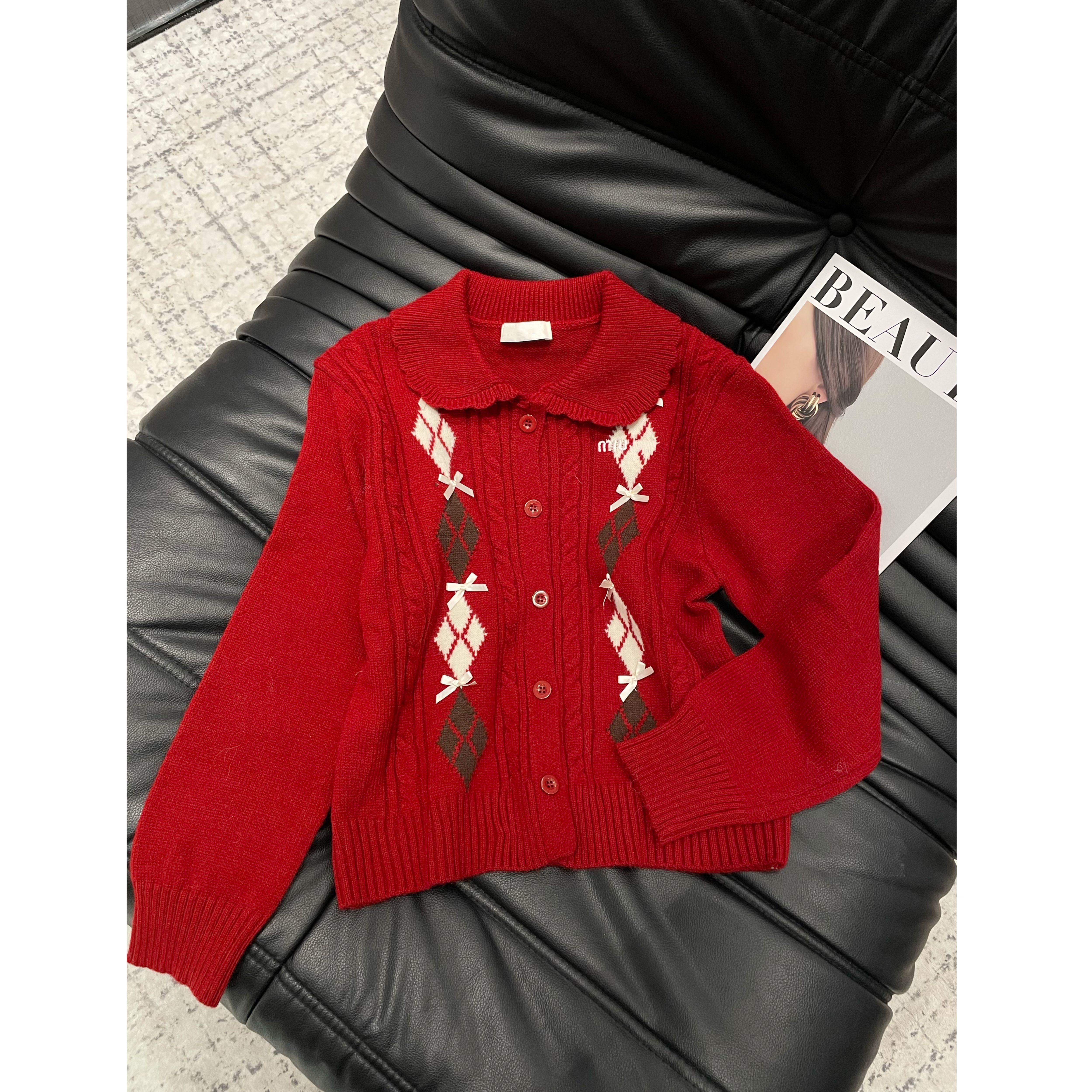 《An ni》【MM】冬季新品时尚长袖宽松翻领羊毛针织开衫Ani-D111