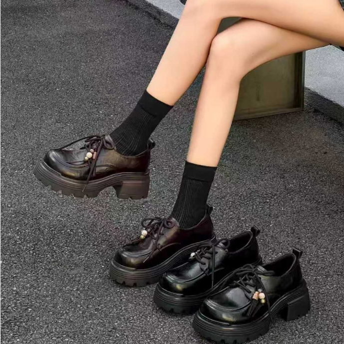 569522817时尚秋季新款2025年系带英伦风百搭粗跟透气乐福鞋女