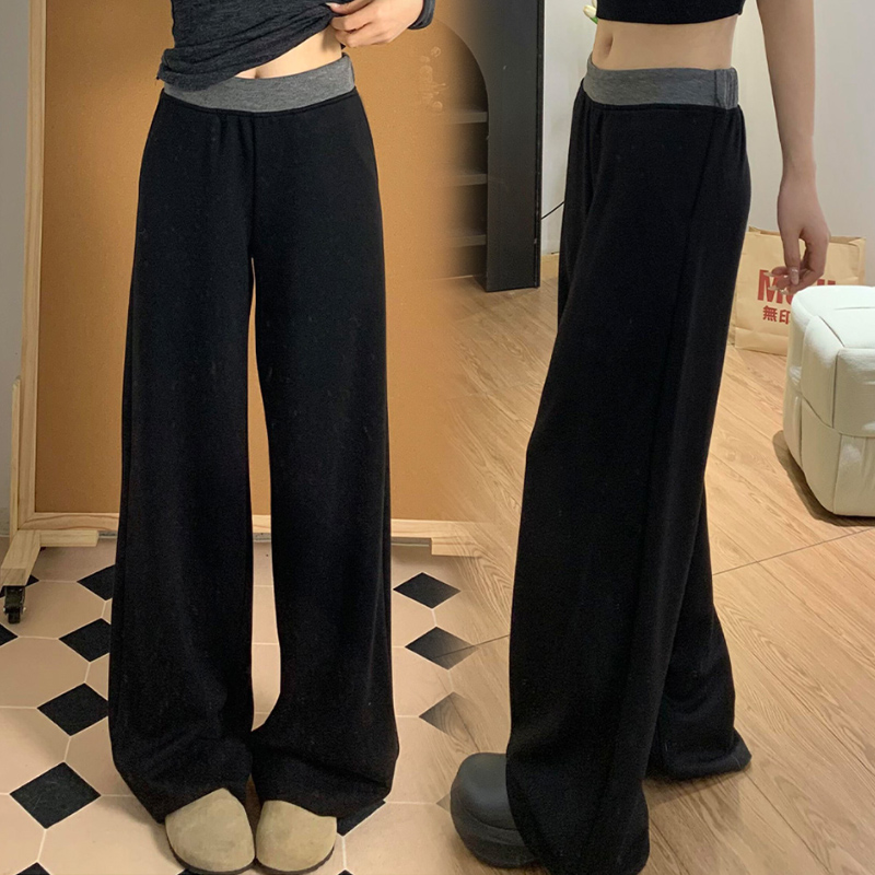 孕妇美式休闲运动裤2025新款早秋季高腰垂感撞色拼接显瘦阔腿裤子