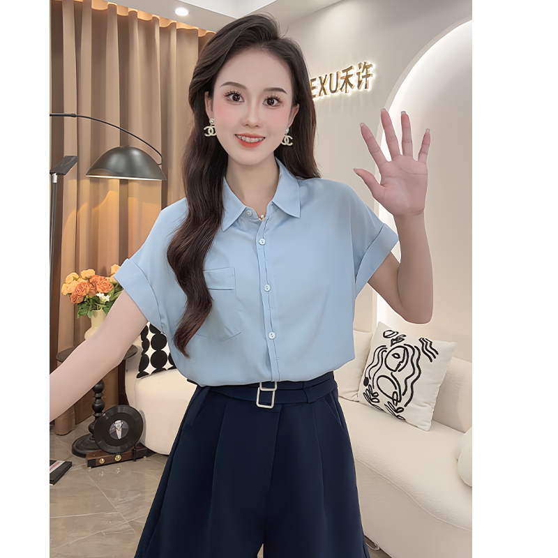 法式时尚简约翻领短袖高级感衬衫女2024夏季新款显瘦百搭上衣