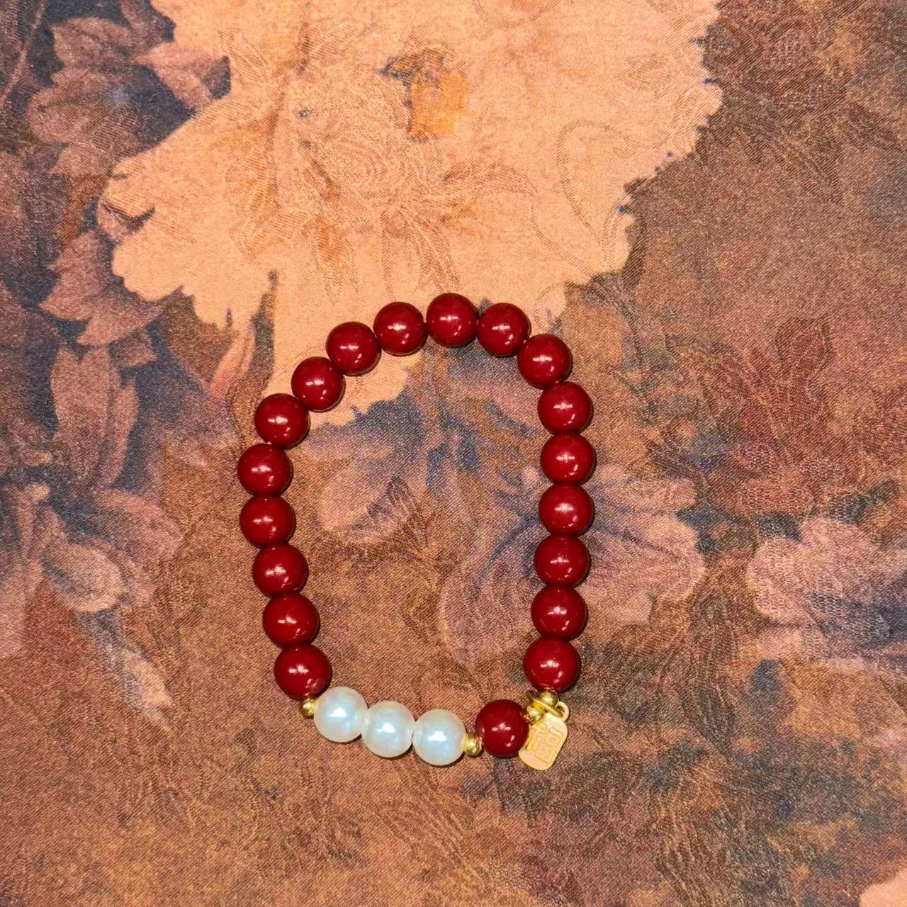 天然辰砂朱砂单圈+三白珠 K376 无礼盒