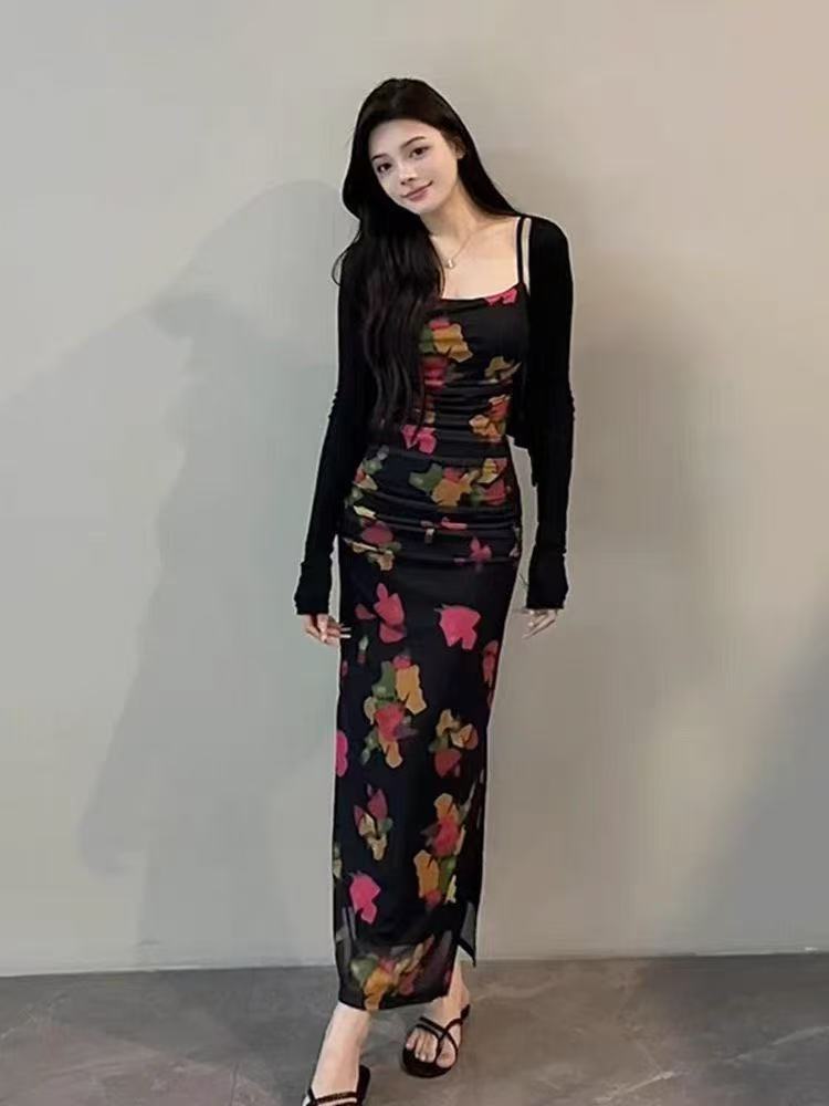 长袖千金风设计感打底印花法式夏季吊带连衣裙针织气质轻职风