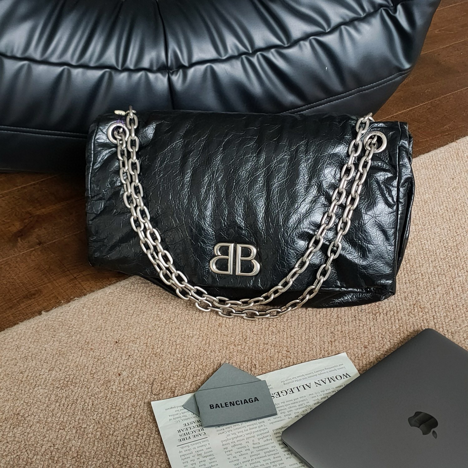 99新 Balenciaga/巴黎世家 Azul-黑银牛皮Monaco大号单肩包39977