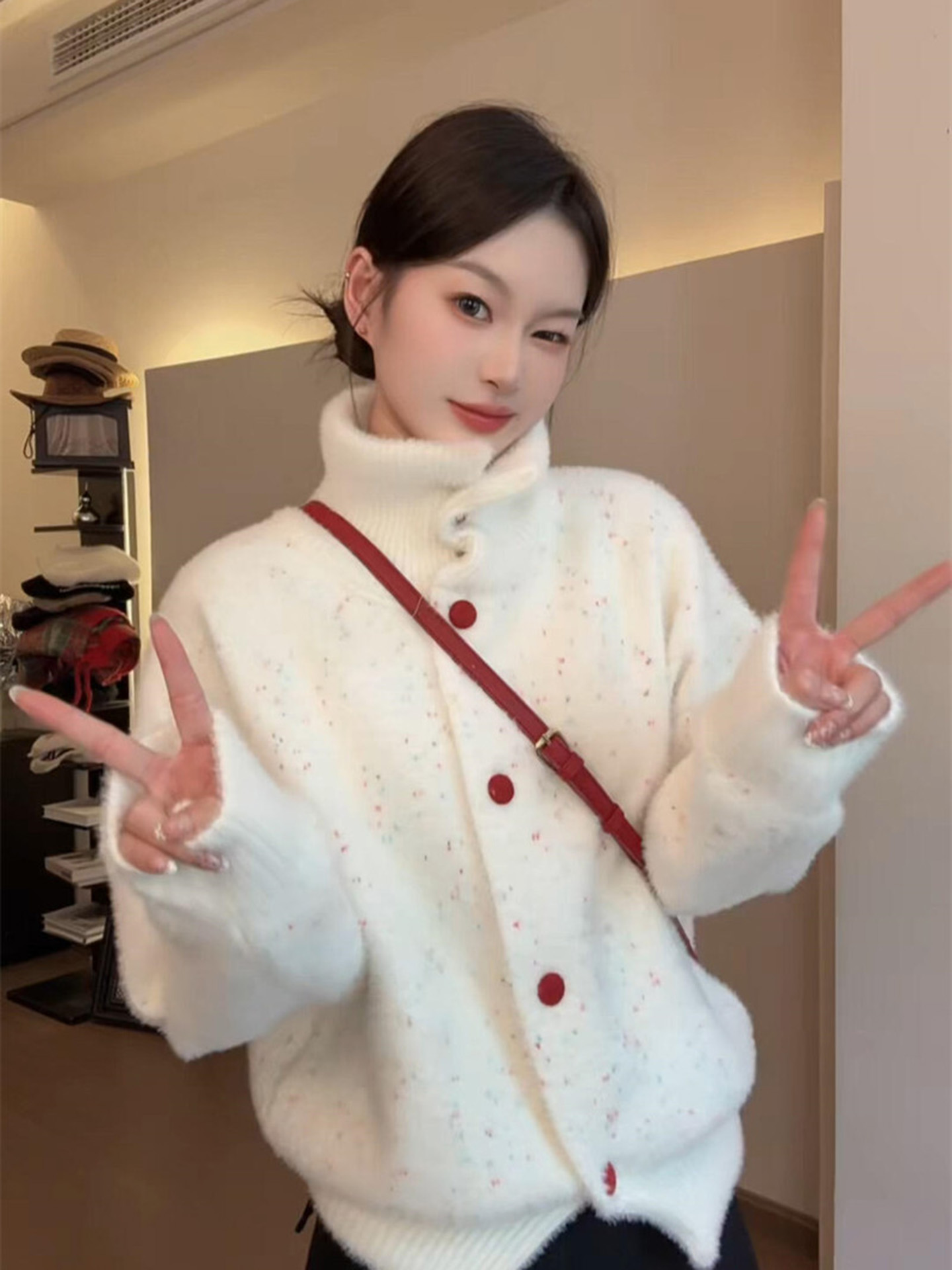 韩系复古白色彩点宽松高领毛衣外套女春秋原宿风百搭开衫气质上衣