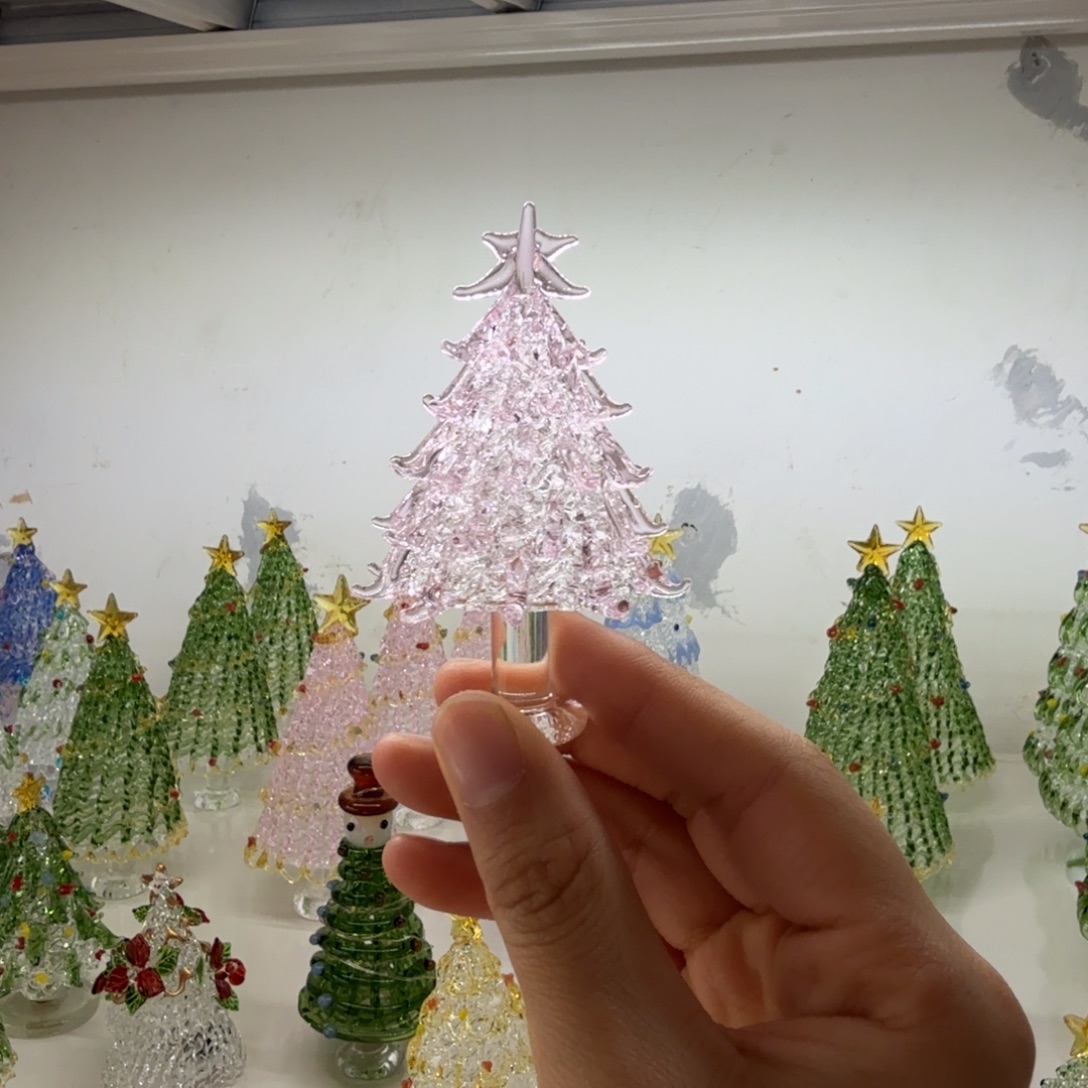手工艺品琉璃不转粉色圣诞树7cm左右